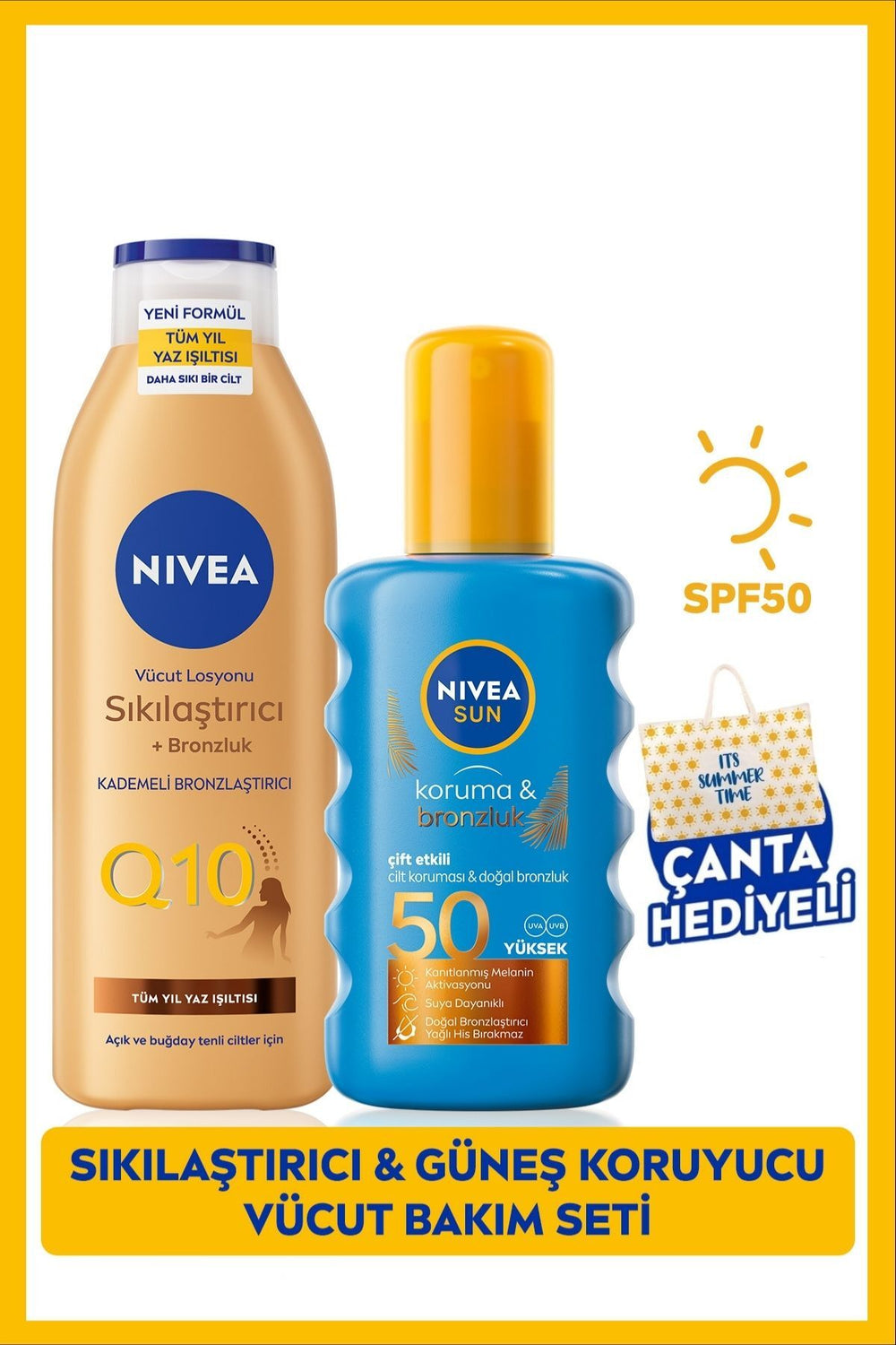 Nivea SUN SPF50 Sunscreen Bronzing Spray 200ml and Firming Lotion 250ml, Gift Bag