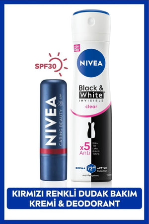 Nivea Women's Spray Deodorant Black&White Clear 150ml and Red Colored Moisturizing Lip Care Cream