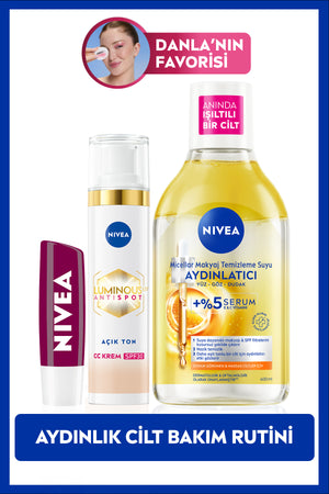 Nivea Luminous630 CC Face Cream 40ml, Illuminating Micellar Make-up Cleansing Water 400ml, Lip Care Cream