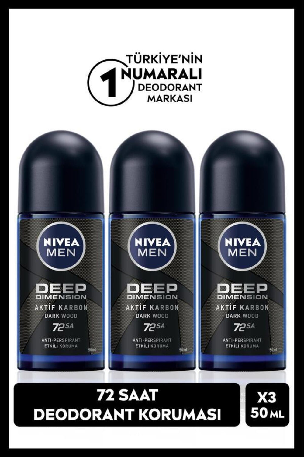 Nivea Men's Roll-on Deodorant Deep Dimension 50ml, 48 Hours Protection, X3 Pieces