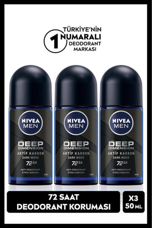 Nivea Men's Roll-on Deodorant Deep Dimension 50ml, 48 Hours Protection, X3 Pieces