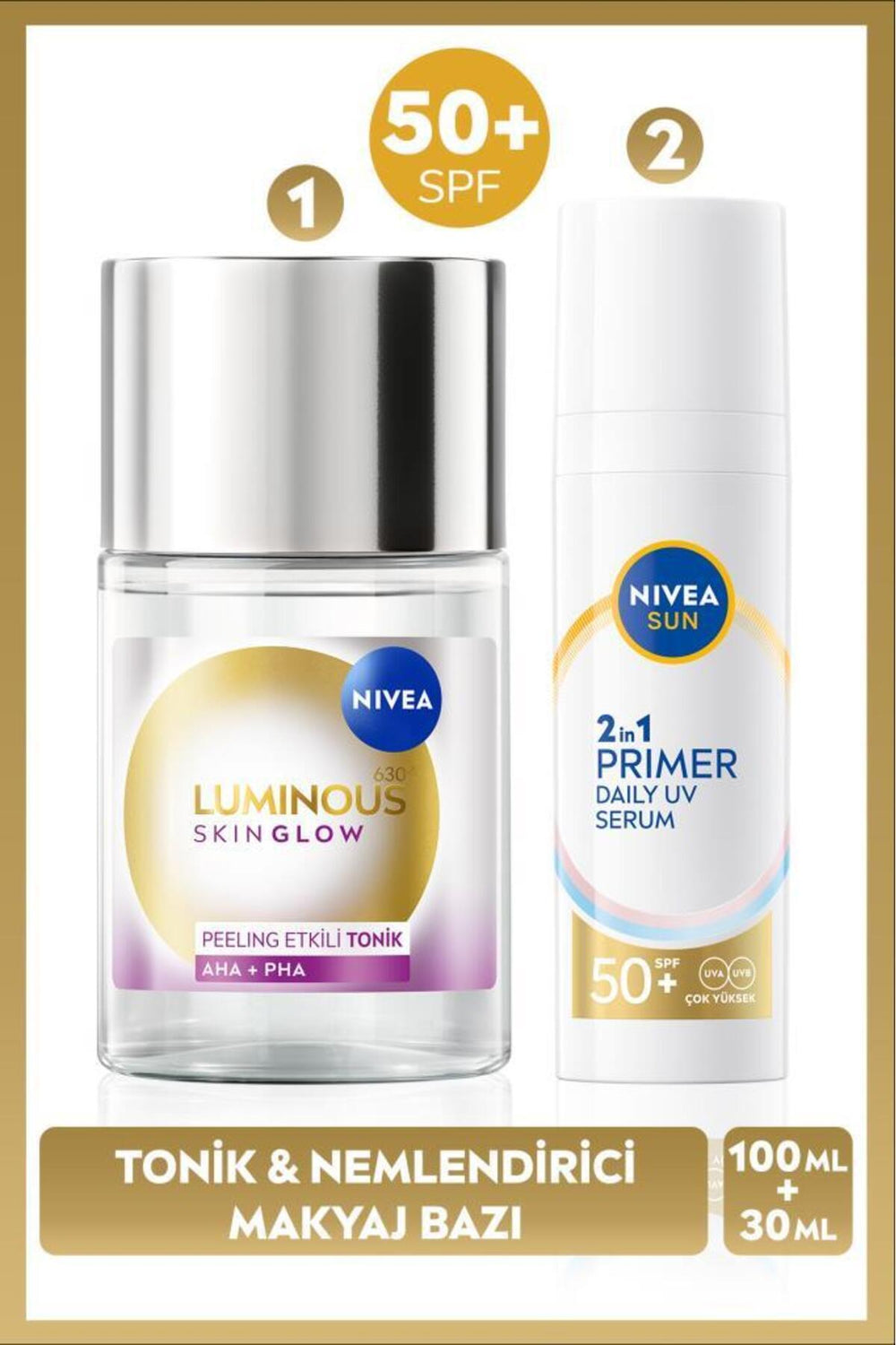 Nivea SUN SPF50 Primer Moisturizing Make-up Base 30ml and Luminous630 Skin Glow Peeling Effect Tonic 100ml