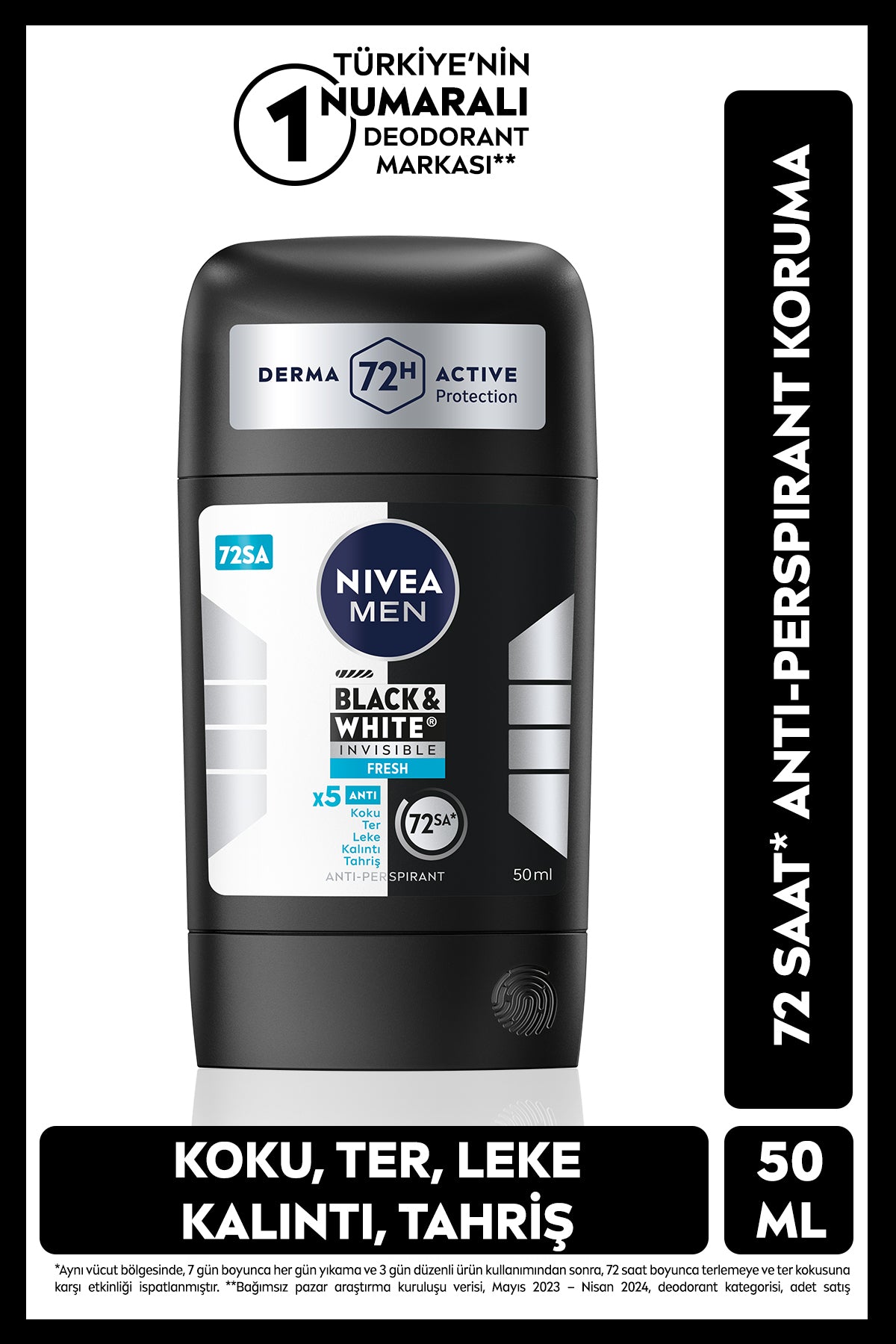 Nivea MEN Men's Stick Deodorant Black&white Invisible Fresh 50 ml, 72 Hours Anti Perspirant, Anti-Blemish