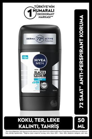 Nivea MEN Men's Stick Deodorant Black&white Invisible Fresh 50 ml, 72 Hours Anti Perspirant, Anti-Blemish
