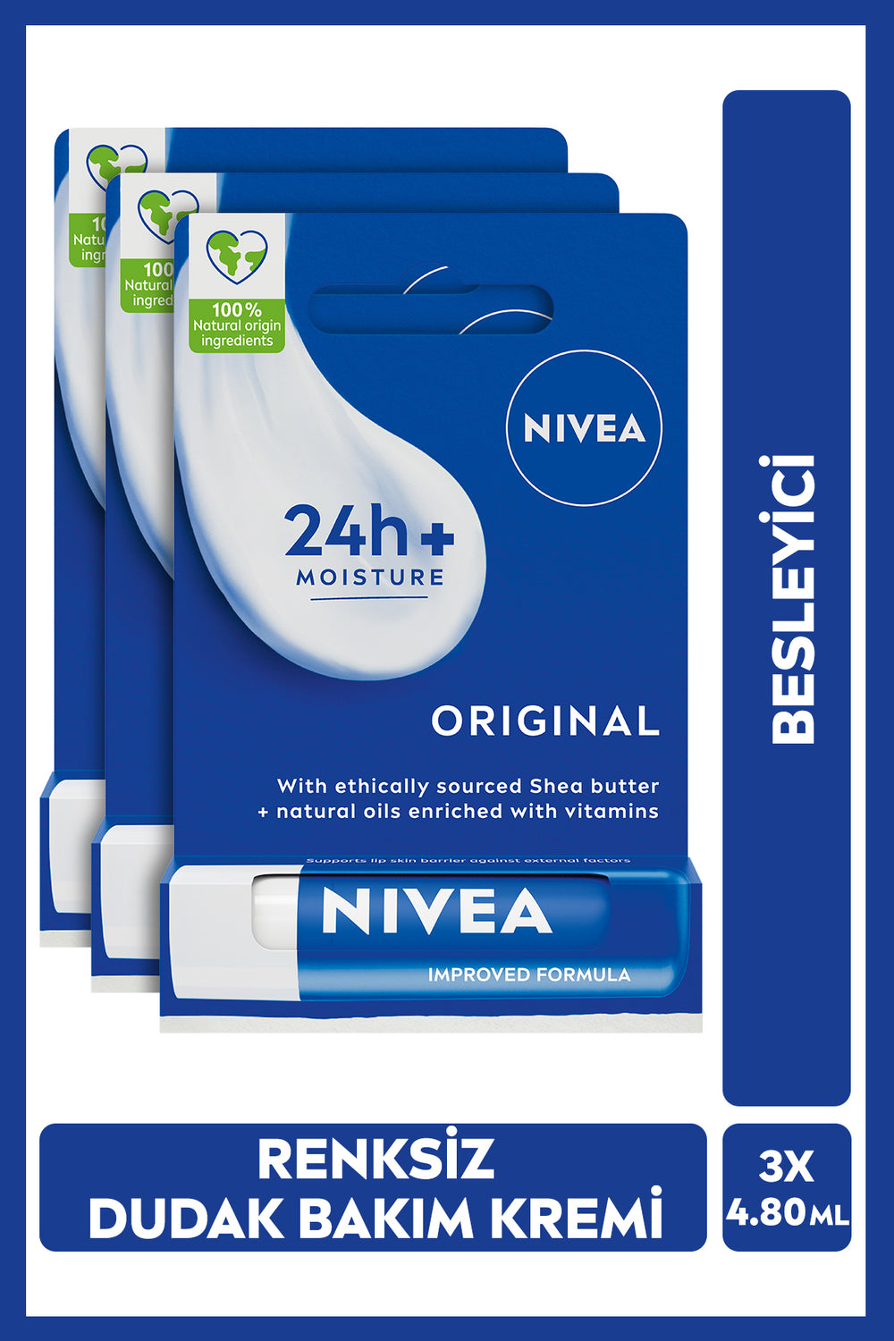 Nivea Original Care Colorless Lip Care Cream 4.8gr, 24 Hour Moisturizer, Shea Butter, 3x Quantity