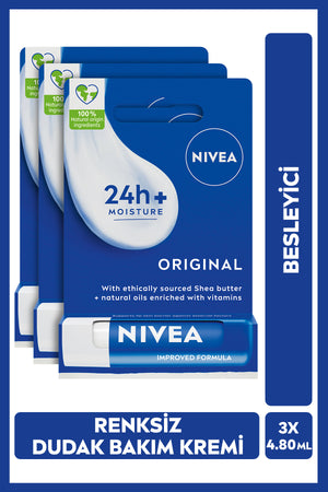 Nivea Original Care Colorless Lip Care Cream 4.8gr, 24 Hour Moisturizer, Shea Butter, 3x Quantity