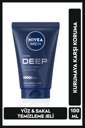 Nivea MEN Men's Deep Face and Beard Cleansing Gel 100ml, Skin Purifying, Activated Carbon