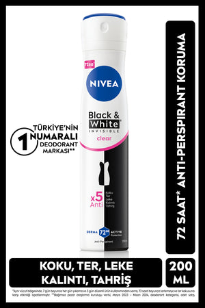 Nivea Women's Spray Deodorant Black&White Invisible Clear 200ml, 72 Hours Sweat Protection, Anti-Blemish, Alcohol-free