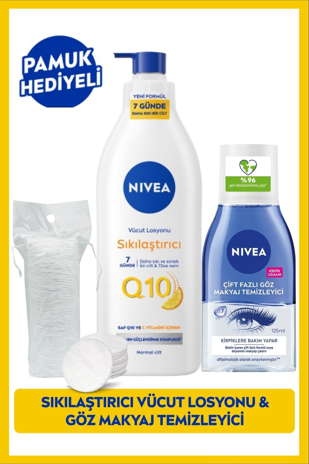 Nivea Dual Phase Eye Make-up Cleansing Water 125ml And Q10 Firming Body Lotion 400ml, Cotton Gift