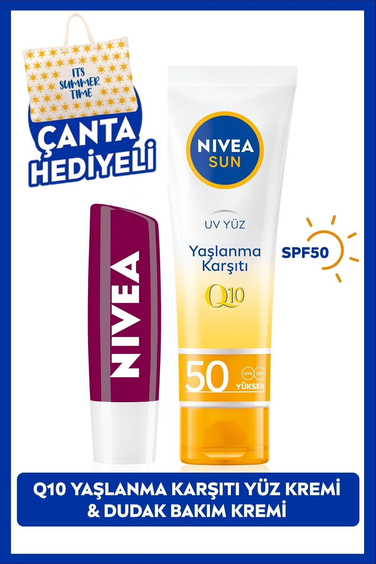 Nivea SUN SPF50 Q10 Anti-Aging Sunscreen Face Cream 50ml, Blackberry Lip Balm, Gift Bag