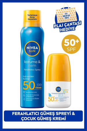 Nivea SUN SPF50 Sunscreen Refreshing Spray 200ml and Children's Sunscreen Roll-on 50ml, Bag Gift