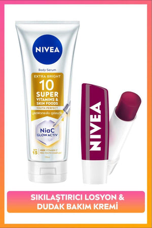 Nivea SPF15 Super10 Brightening, Firming Body Lotion 170ml and Blackberry Colored Lip Care Cream