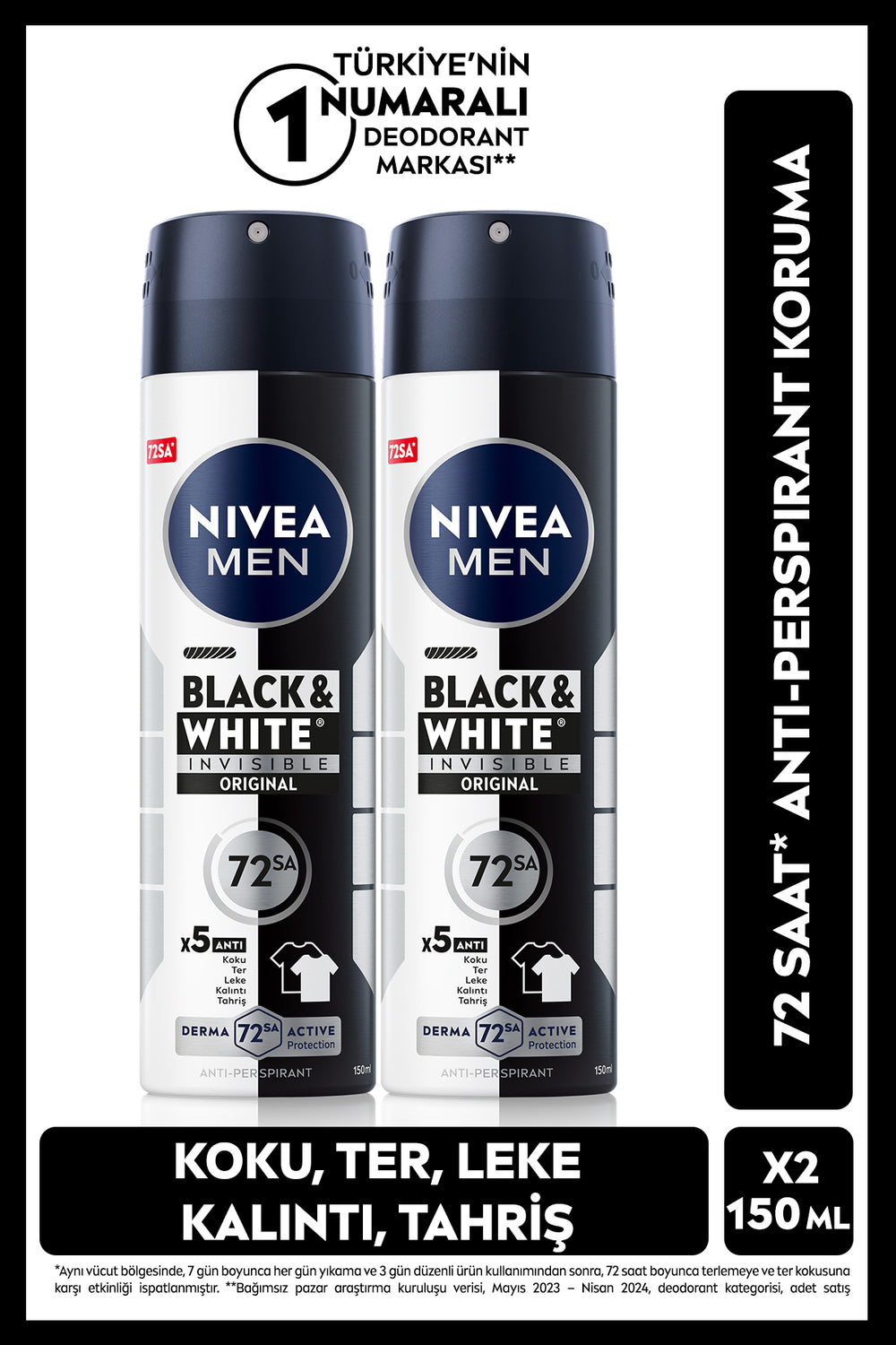 Nivea MEN Men's Spray Deodorant Black&White Invisible Original 150ml, 72 Hours Anti-perspirant, X2 Pieces