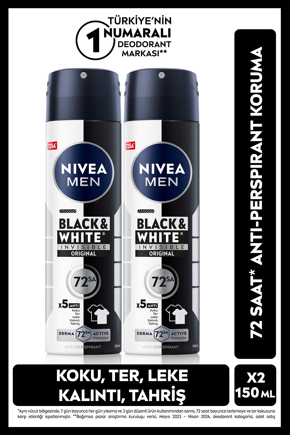Nivea MEN Men's Spray Deodorant Black&White Invisible Original 150ml, 72 Hours Anti-perspirant, X2 Pieces