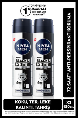 Nivea MEN Men's Spray Deodorant Black&White Invisible Original 150ml, 72 Hours Anti-perspirant, X2 Pieces