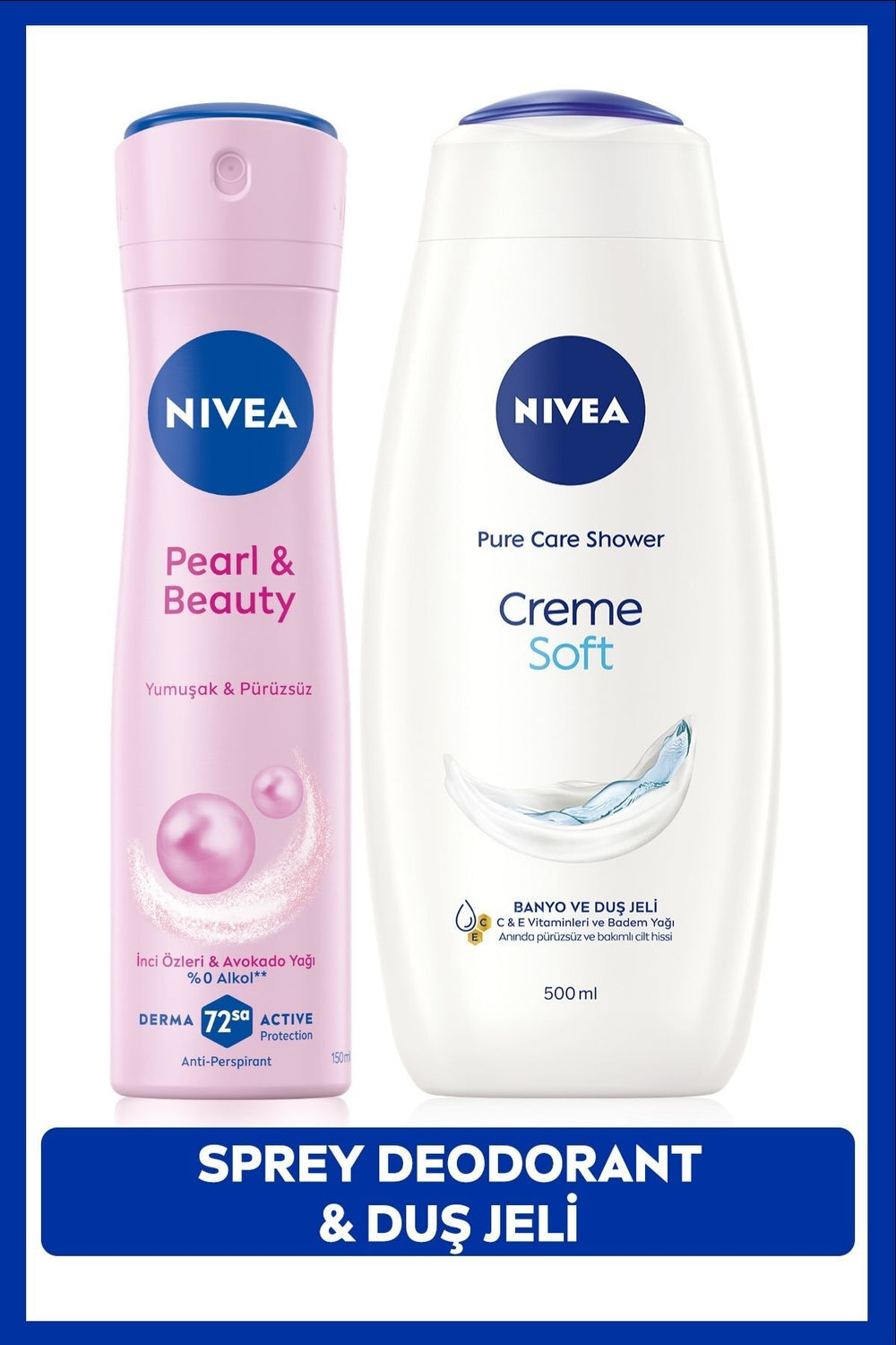Nivea Creme Soft Shower Gel 500ml and Women's Spray Deodorant Pearl&Beauty 150ml, 72 Hours Protection Against Sweat
