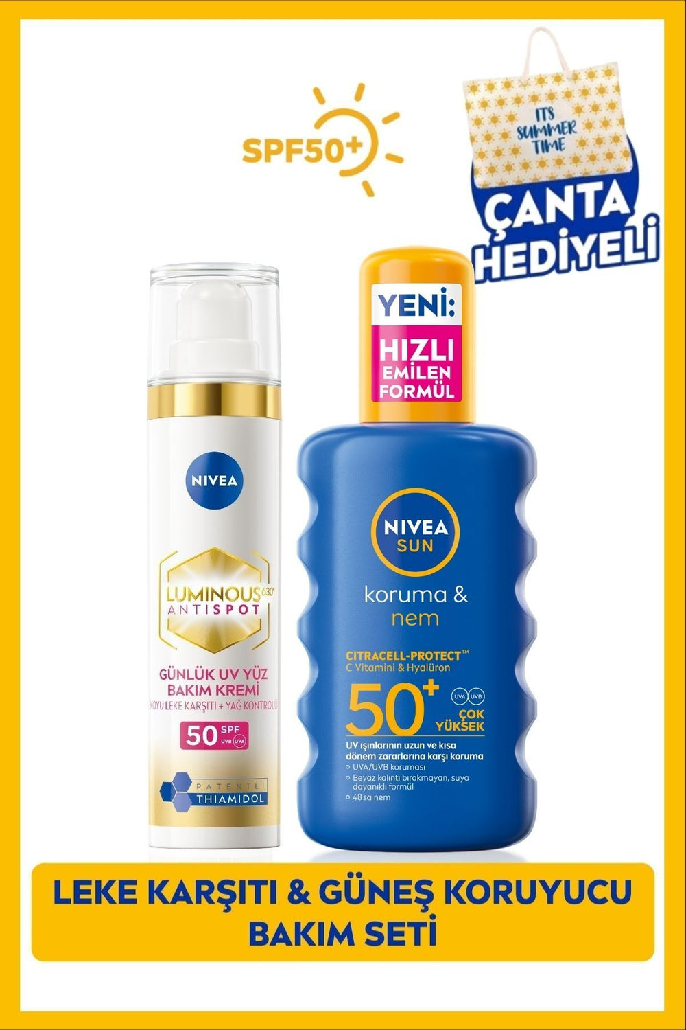 Nivea SUN SPF50 Sunscreen Body Spray 200ml, Luminous630 Anti-Blemish Day Cream 40ml, Bag Gift