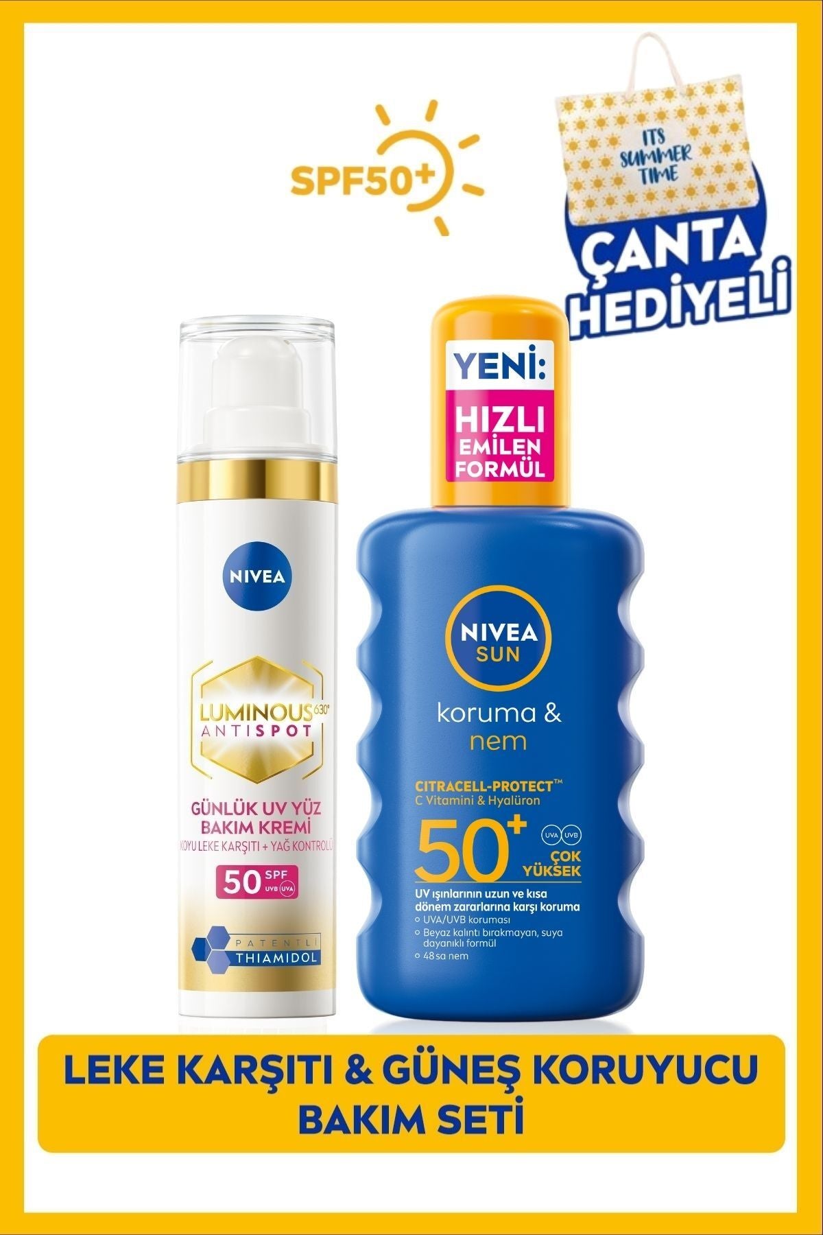 Nivea SUN SPF50 Sunscreen Body Spray 200ml, Luminous630 Anti-Blemish Day Cream 40ml, Bag Gift