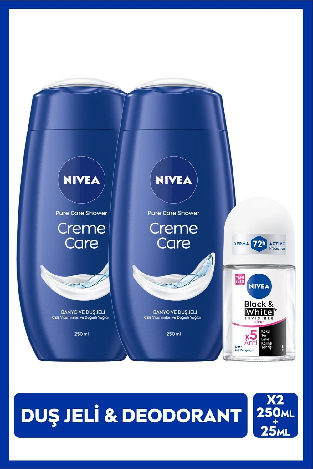 Nivea Creme Care Shower Gel 250ml X2 Pieces and Roll-on Deodorant Black&White Clear 25ml, Advantageous Package