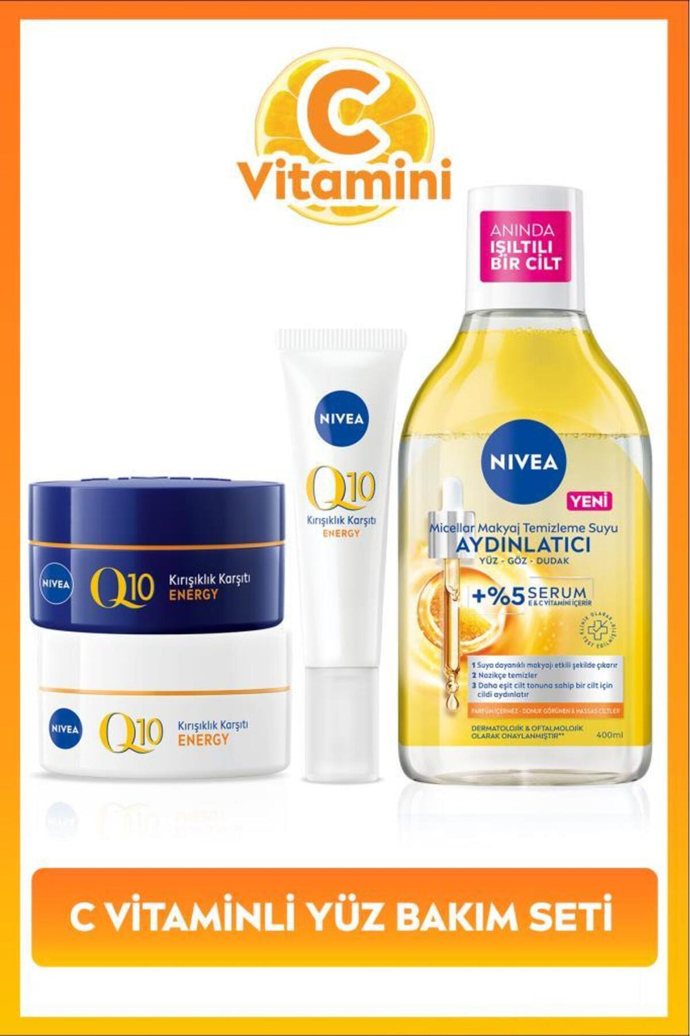 Nivea Vitamin C Dowry Set, Micellar Make-up Cleansing Water 400ml, Eye Cream 15ml, Day and Night Face Cream