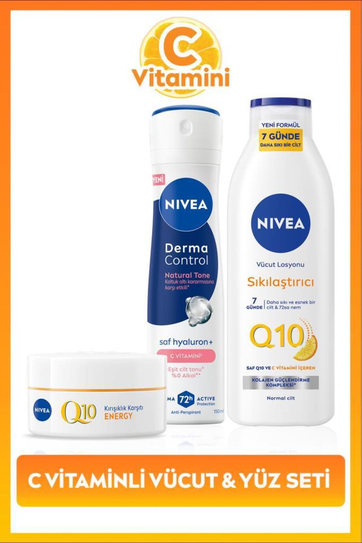 Nivea Women's Spray Deodorant Derma Control Natural Tone 150ml, Q10 Firming Lotion 400ml and Day Cream