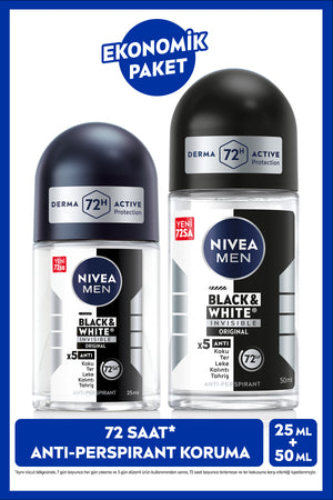 Nivea MEN Men's Roll-on Deodorant Black&White Invisible Original 50ml and Mini Roll-on 25ml, Anti-Blemish