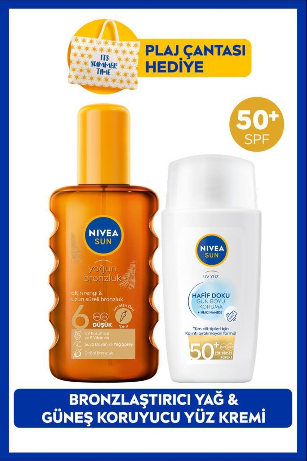 Nivea SUN SPF50+ Light Textured Sunscreen Face Cream 40ml and Bronzing Sun Oil, Bag Gift