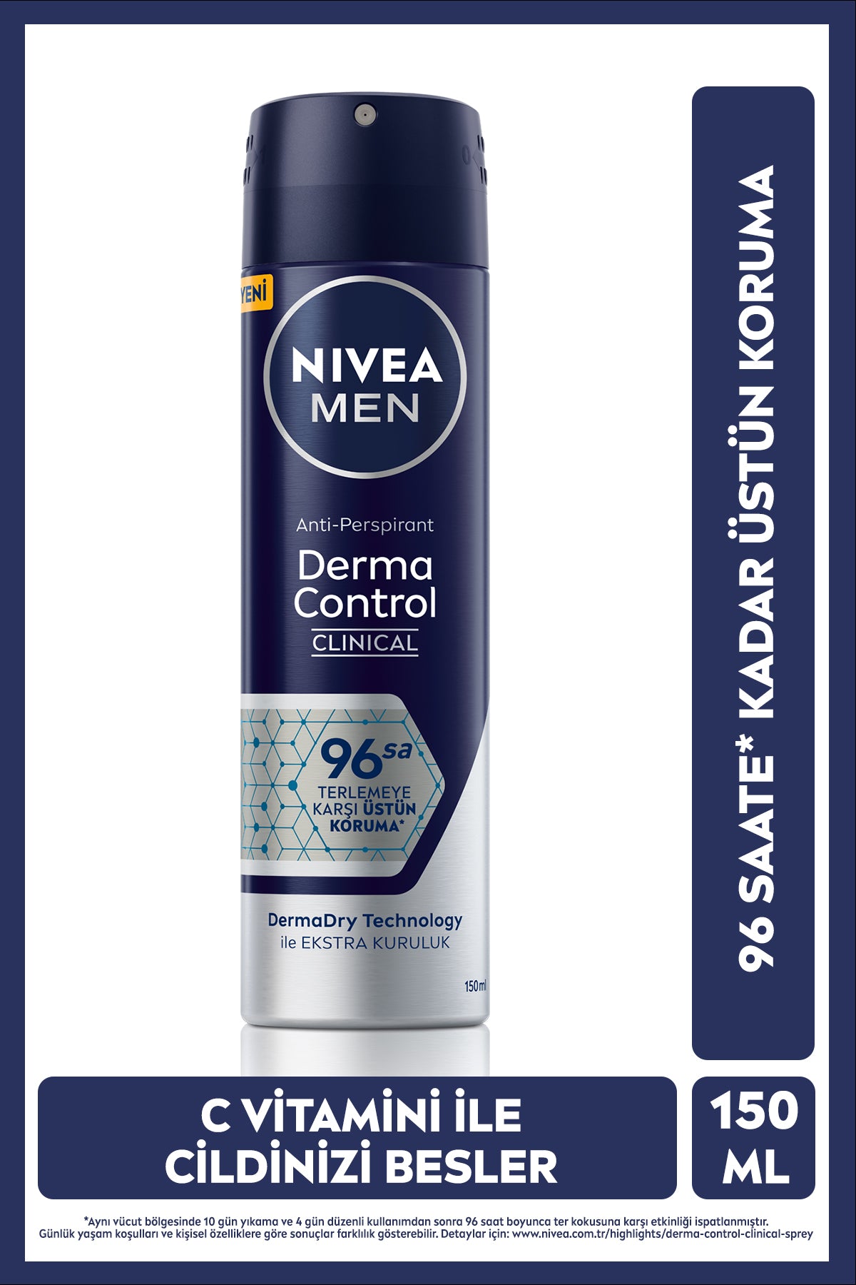Nivea MEN Men's Spray Deodorant Derma Control Clinical 150ml, 96 Hours Anti-Perspirant Protection, Vitamin C