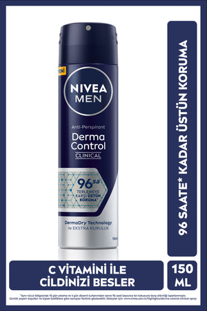 Nivea MEN Men's Spray Deodorant Derma Control Clinical 150ml, 96 Hours Anti-Perspirant Protection, Vitamin C