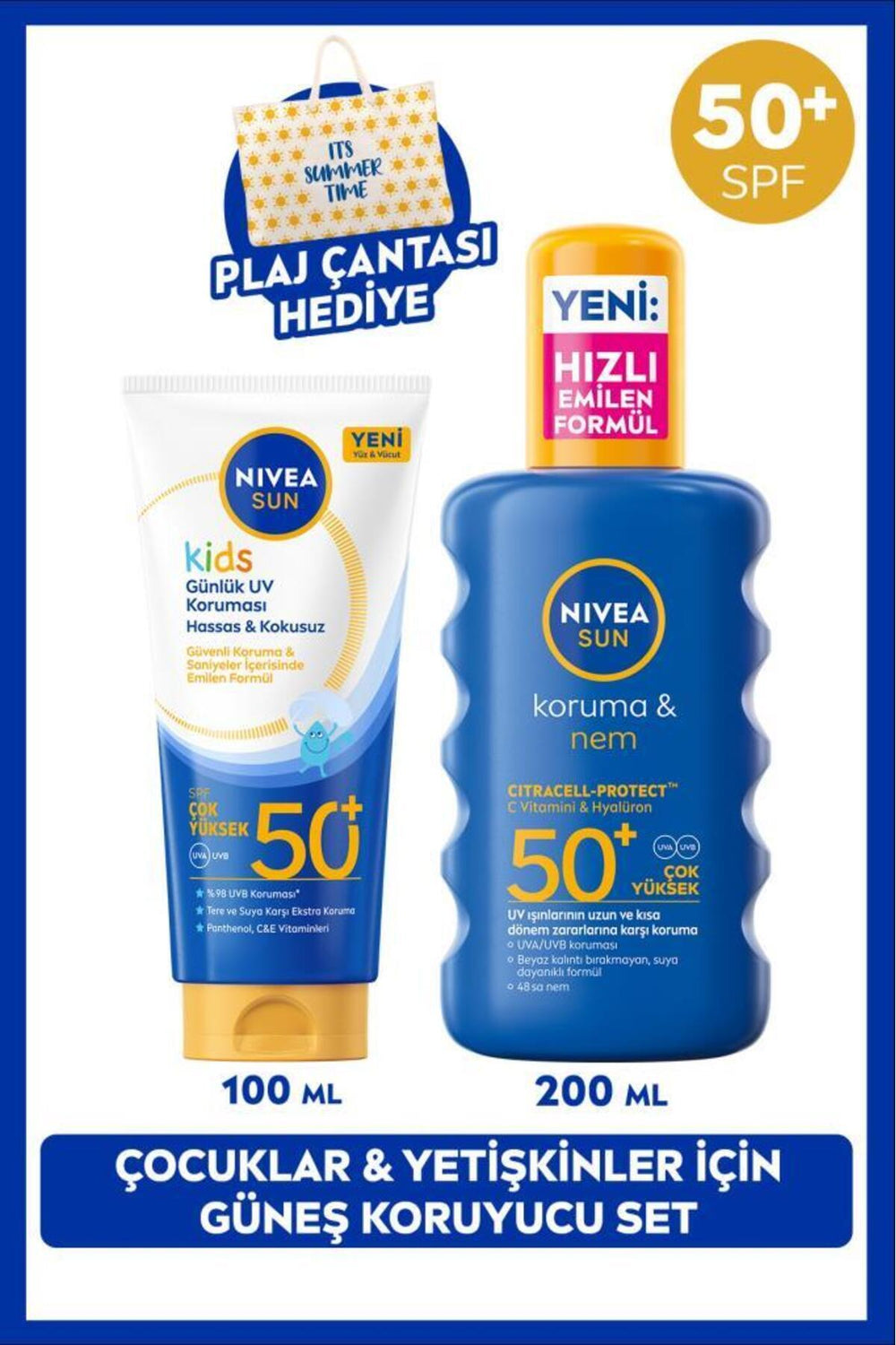 Nivea SUN SPF50+ High Sun Protection Cream and Moisturizing Spray for Children 200ml, Beach Bag Gift