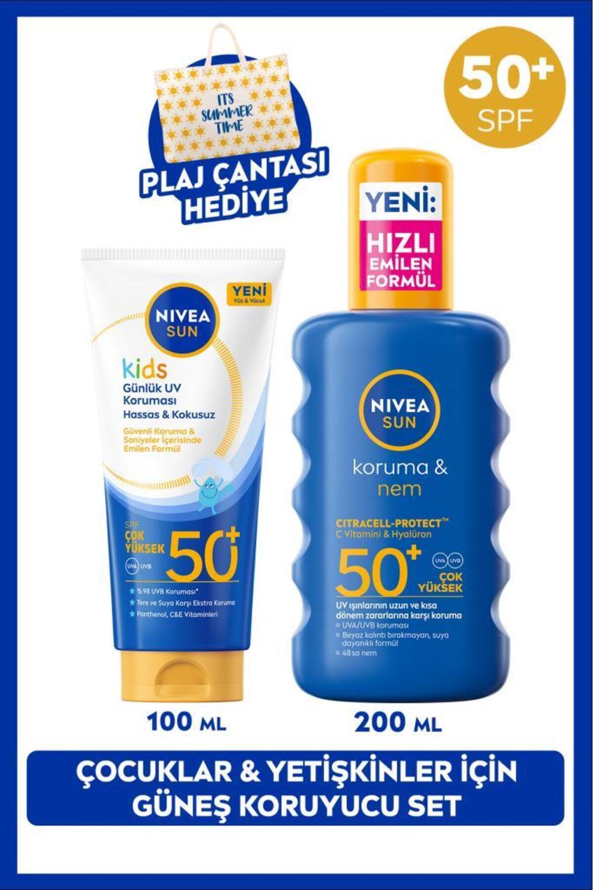 Nivea SUN SPF50+ High Sun Protection Cream and Moisturizing Spray for Children 200ml, Beach Bag Gift