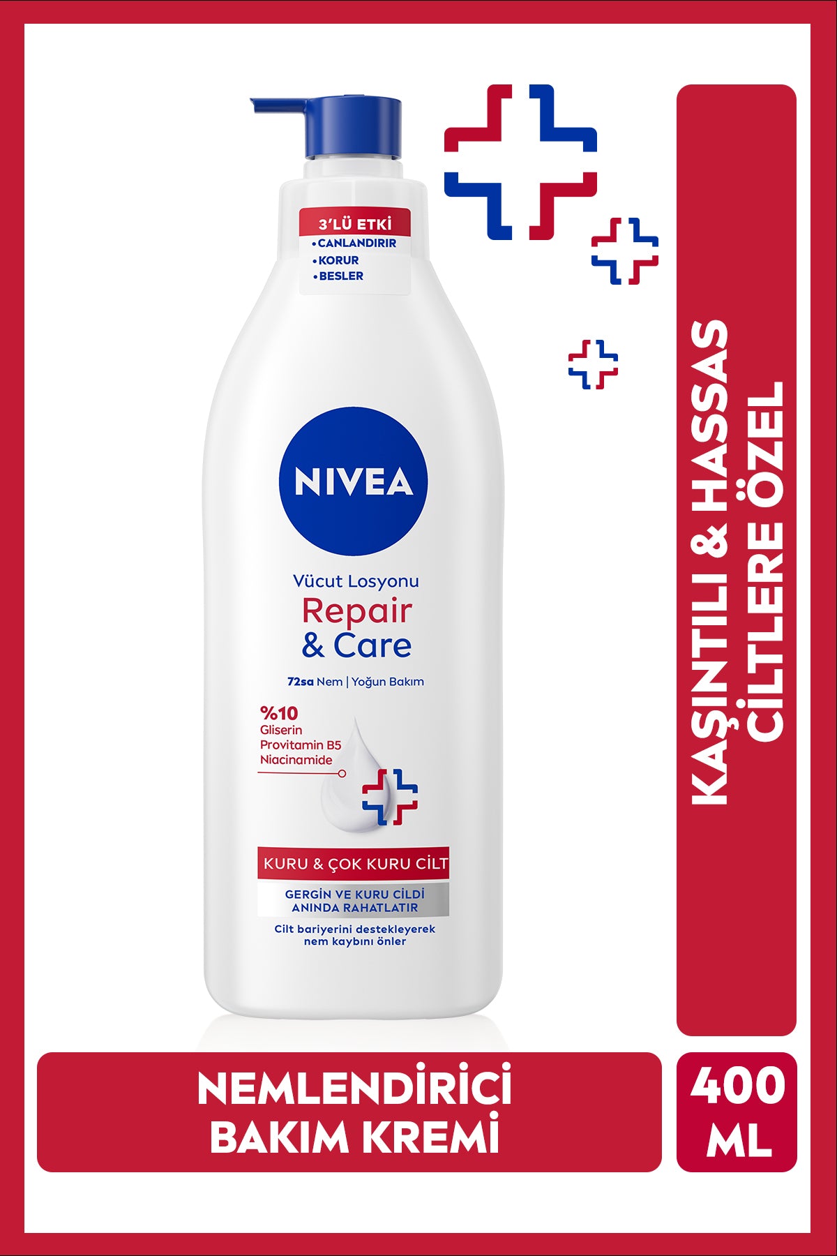 Nivea Body Lotion Repair Care 400 ml, 72 Hour Moisturizer, Special for Dry Skin, Itchy and Sensitive Skin