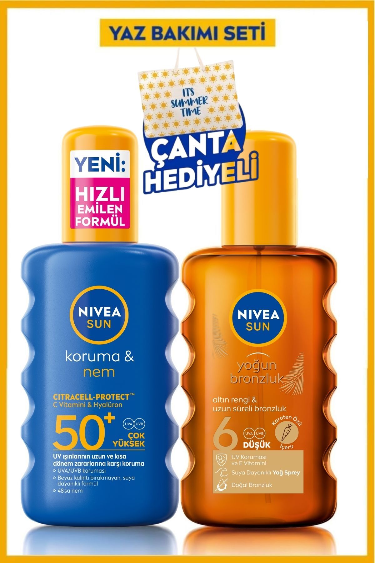 Nivea SUN SPF50+ Sunscreen Body Spray 200ml and Bronzing Sun Oil Set, Beach Bag Gift