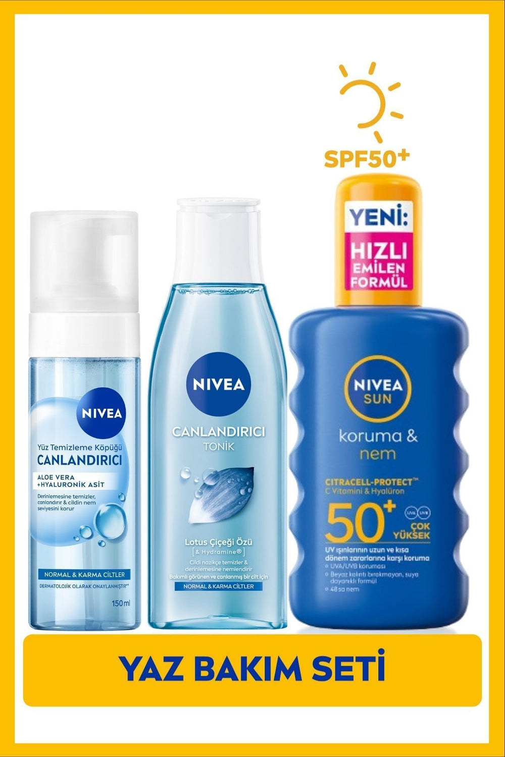 Nivea SUN SPF50 Sunscreen Body Spray 200ml, Facial Cleansing Foam 150ml, Revitalizing Tonic 200ml