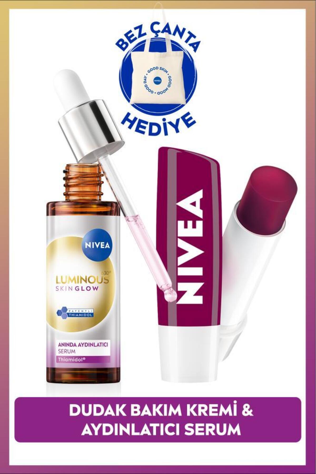 Nivea Luminous630 Skin Glow Illuminating Serum 30ml and Blackberry Moisturizing Lip Cream, Bag Gift