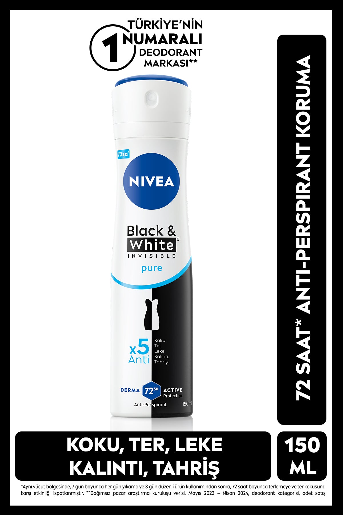 Nivea Women's Spray Deodorant Black&White Invisible Pure 150ml, 72 Hours Anti-perspirant Sweat Protection