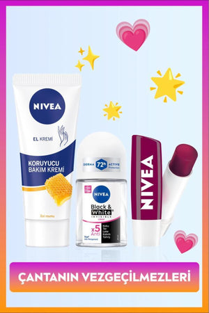 Nivea Women's Roll-on Deodorant Black&White Invisible Clear 25ml, Hand Cream and Blackberry Colored Lip Balm