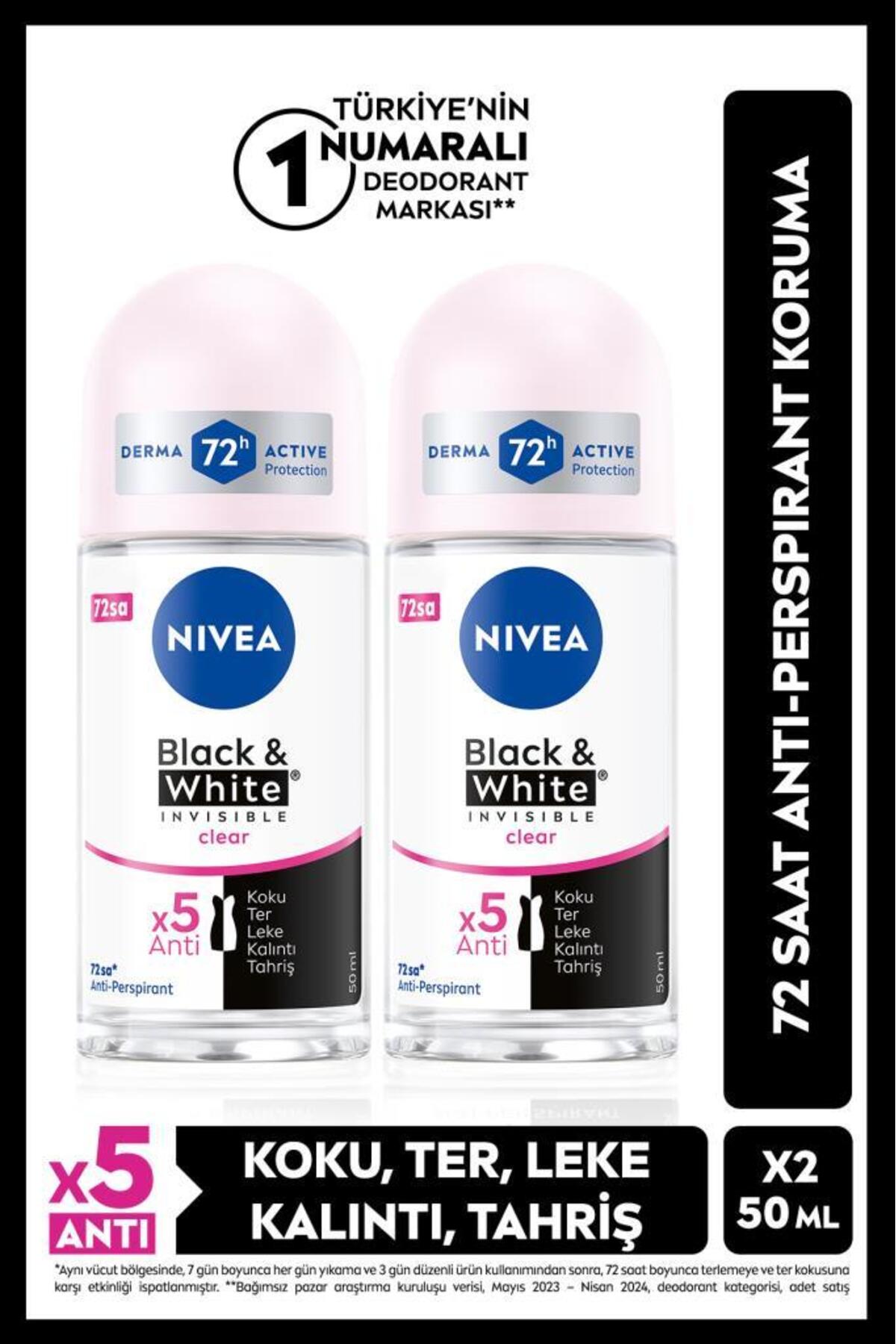 Nivea Women's Roll-on Deodorant Black&white Invisible Clear 50ml, 72 Hours Anti-perspirant, X2 Pieces