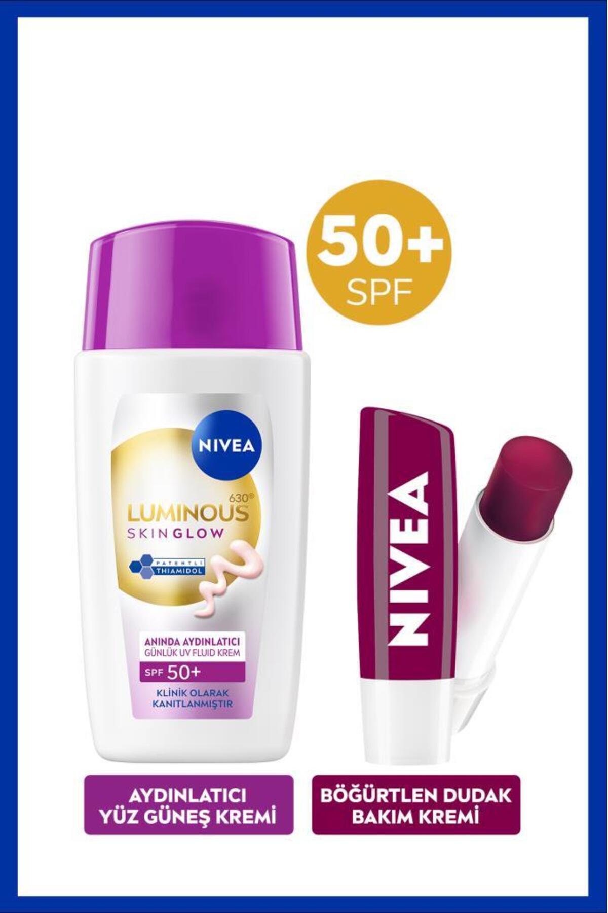 Nivea SPF50+ Luminous630 Skin Glow Illuminating Face Sunscreen 40ml and Blackberry Colored Lip Care Cream