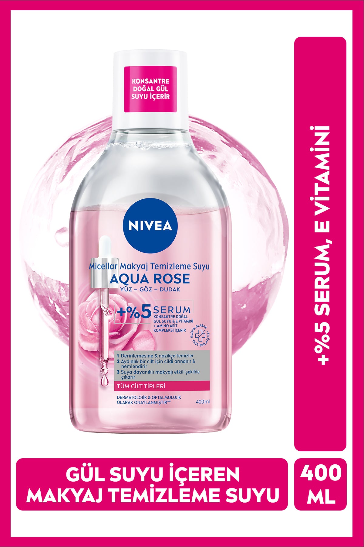 Nivea Aqua Rose Dual Phase Micellar Makeup Cleansing Water with Rose Water 400ml, Face Eye Lip, Illuminator