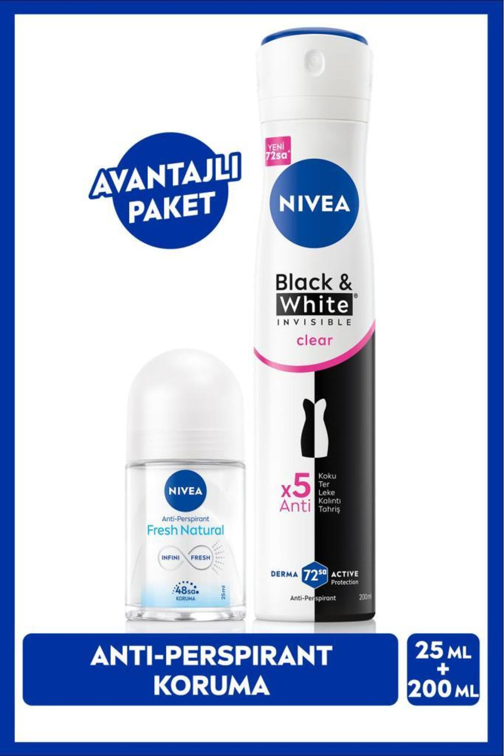 Nivea Women's Spray Deodorant Black&White Invisible Clear 200ml and Mini Roll-on Fresh Natural 25ml, Sweat Protection