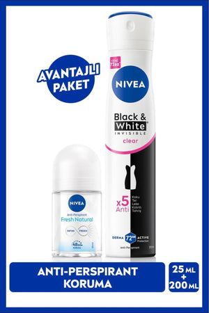 Nivea Women's Spray Deodorant Black&White Invisible Clear 200ml and Mini Roll-on Fresh Natural 25ml, Sweat Protection