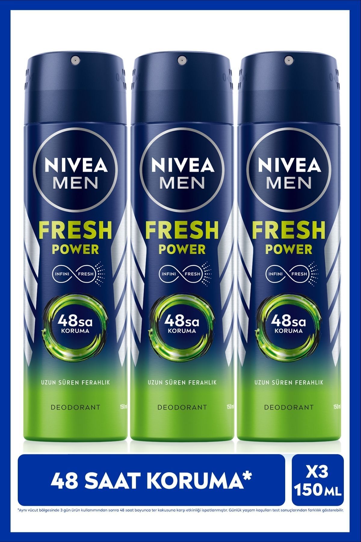 Nivea MEN Men's Spray Deodorant Fresh Power 150ml, 48 Hours Protection Against Sweat, X3 Pieces,