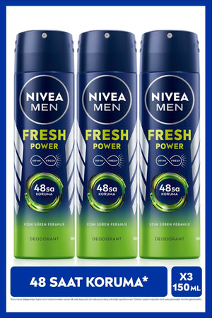 Nivea MEN Men's Spray Deodorant Fresh Power 150ml, 48 Hours Protection Against Sweat, X3 Pieces,