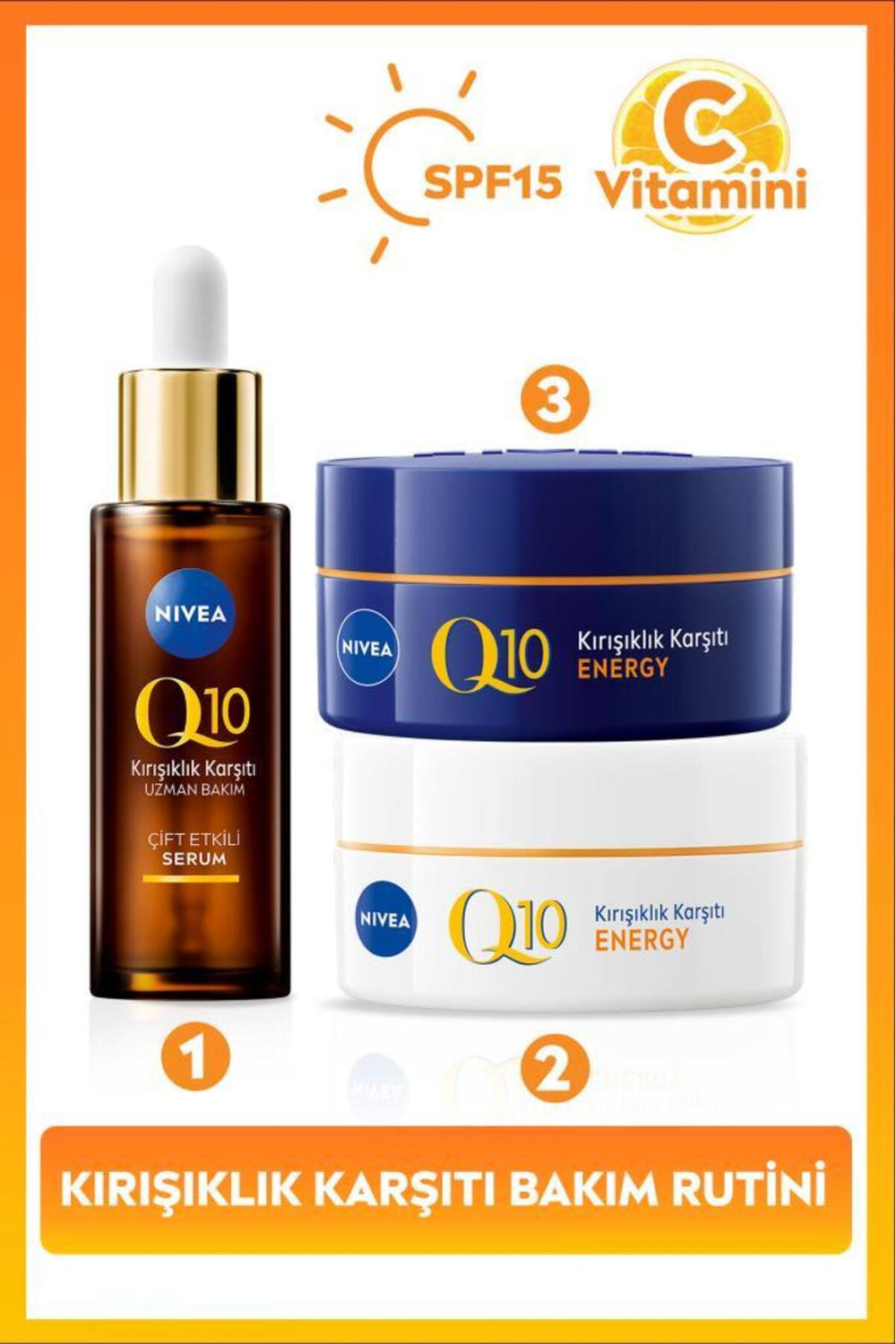 Nivea SPF15 Q10 Energy Day Face Cream 50ml, Night Cream 50ml and Anti-Wrinkle Double Effect Serum 30ml