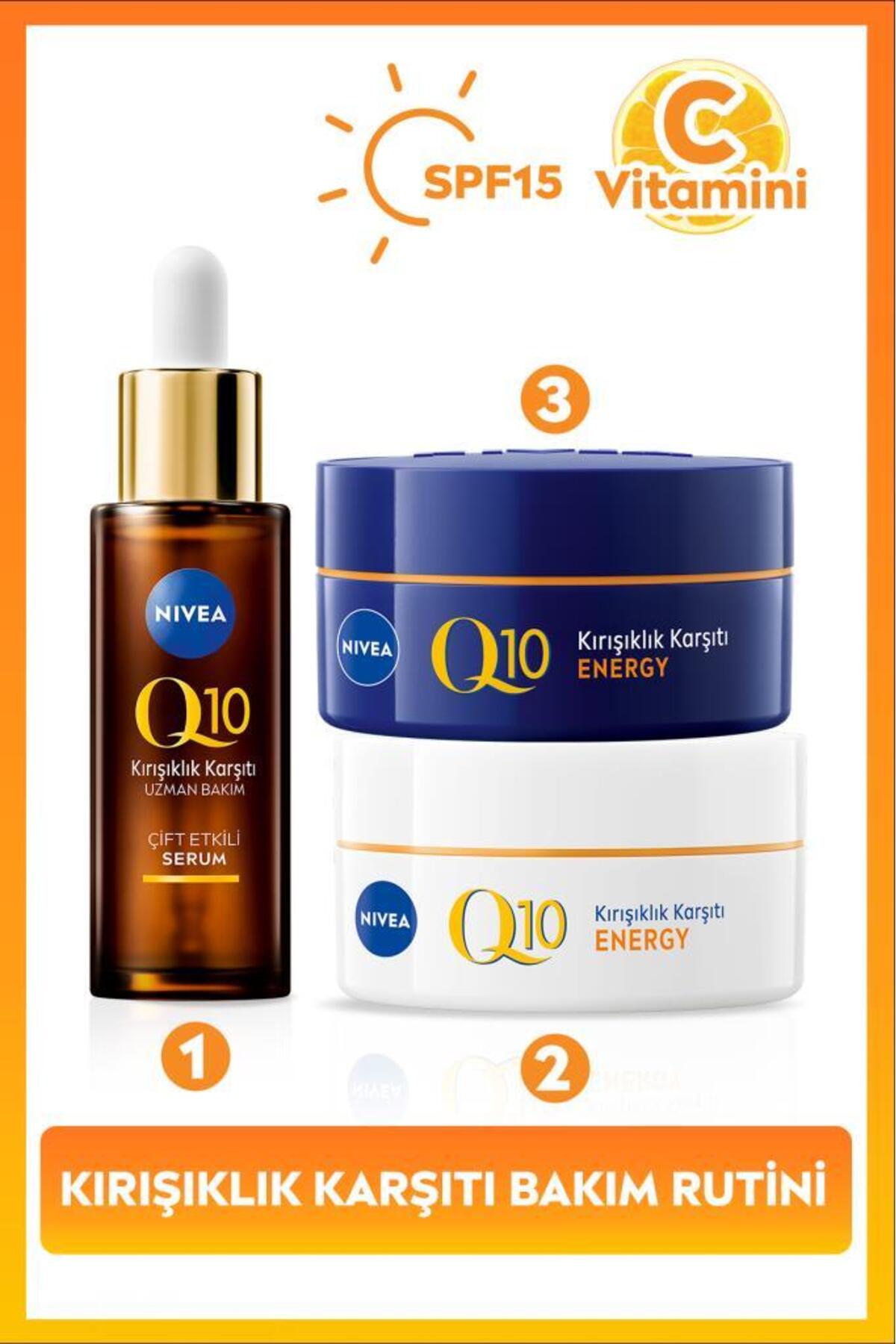 Nivea SPF15 Q10 Energy Day Face Cream 50ml, Night Cream 50ml and Anti-Wrinkle Double Effect Serum 30ml