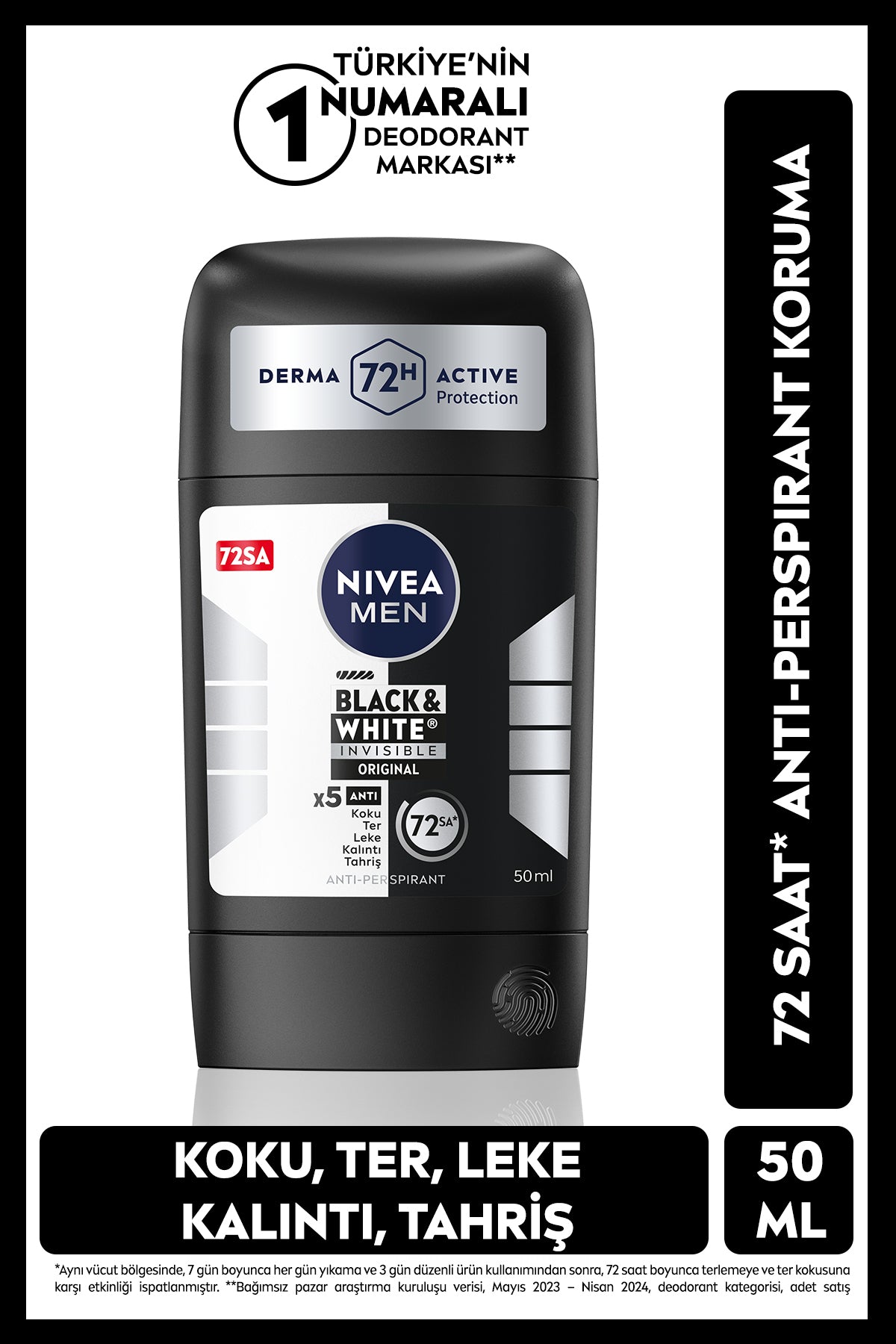 Nivea MEN Men's Stick Deodorant Black&White Invisible Original, 72 Hours Anti Perspirant Protection, Anti-Spot