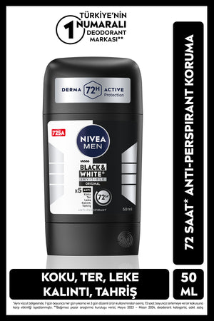Nivea MEN Men's Stick Deodorant Black&White Invisible Original, 72 Hours Anti Perspirant Protection, Anti-Spot
