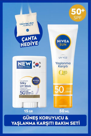 Nivea SUN SPF50+ Sunscreen Stick Face Cream and Q10 Anti-Aging Face Care Cream 50ml, Bag Gift