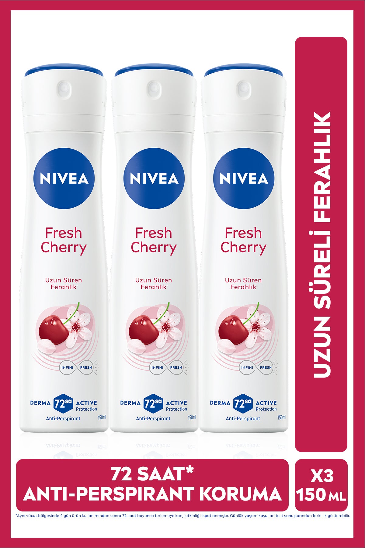 Nivea Women's Spray Deodorant Fresh Cherry 150ml, X3 Pieces, 72 Hours Anti-perspirant Protection, Cherry Blossom Fragrance